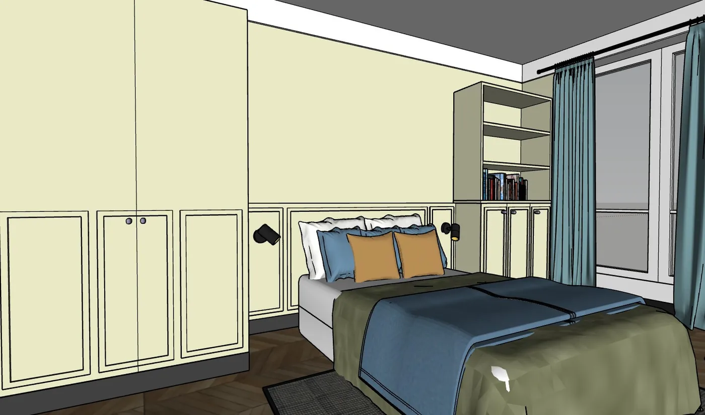 A 3D view of a bedroom with built-in storage