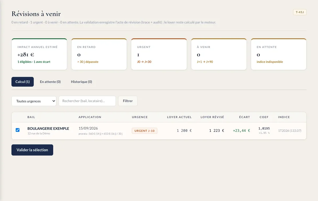 Rent revisions screen