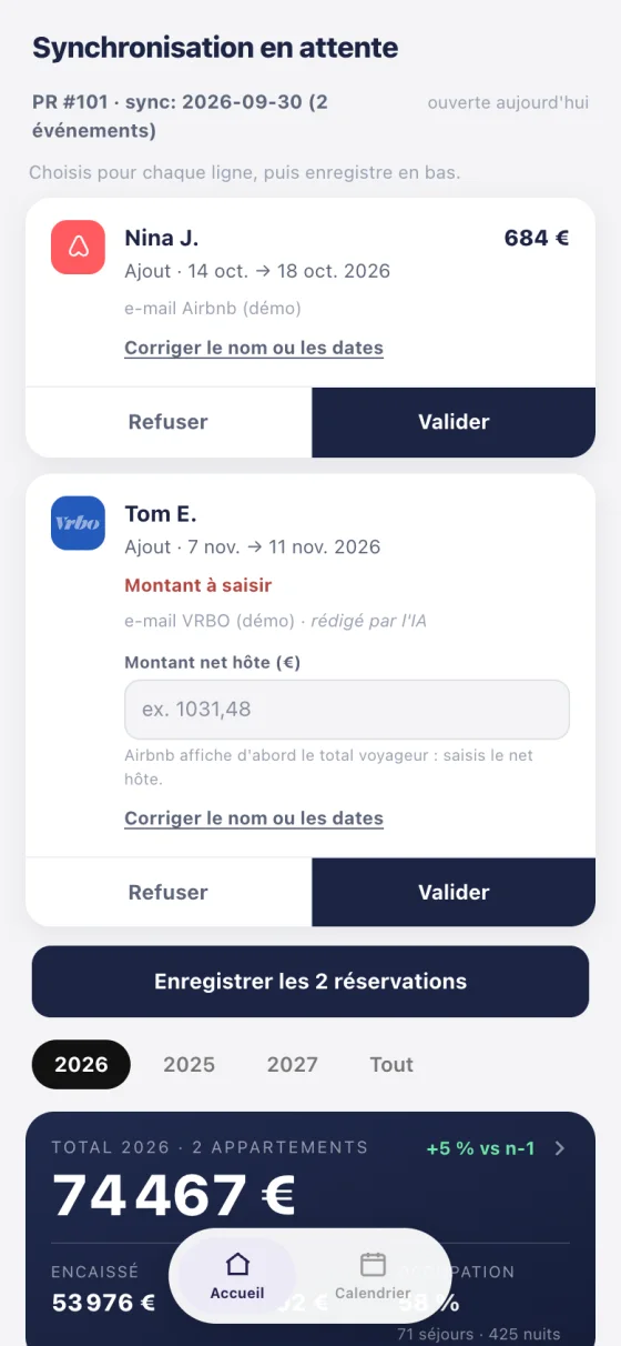 The approval panel: two bookings proposed by the agent, each with Refuse and Approve buttons